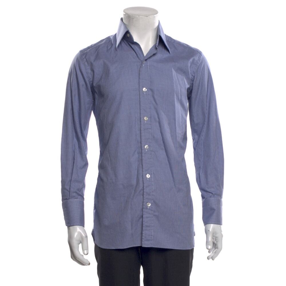 Tom Ford Blue White Micro Check Dress Shirt 39 15.5 Luxury Cotton Tailored